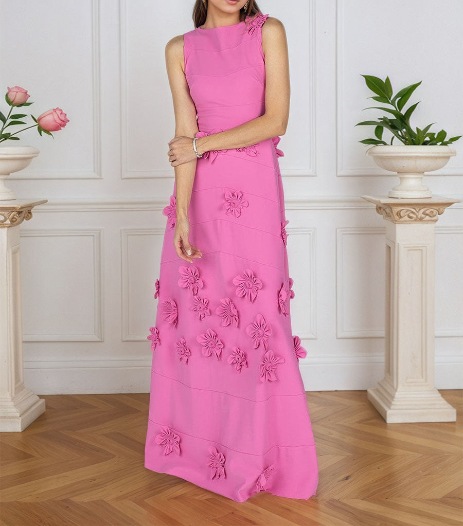 Lavender Boat Neck Formal Gown with Cascading 3D Flowers