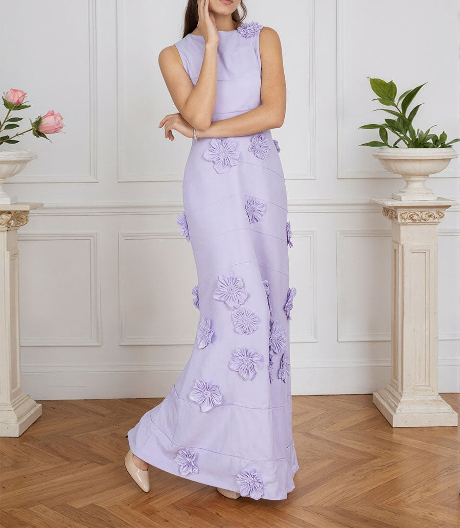 Lavender Boat Neck Formal Gown with Cascading 3D Flowers