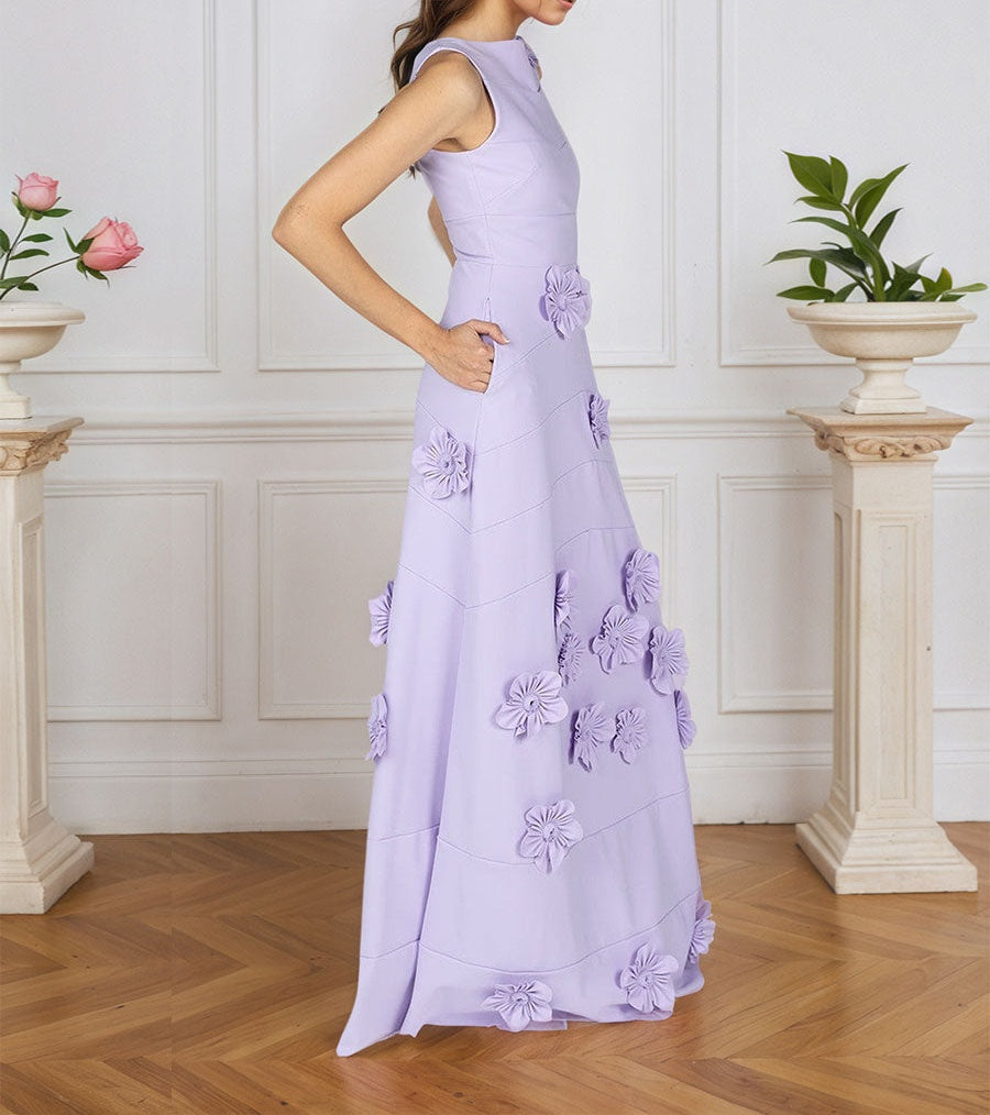 Lavender Boat Neck Formal Gown with Cascading 3D Flowers