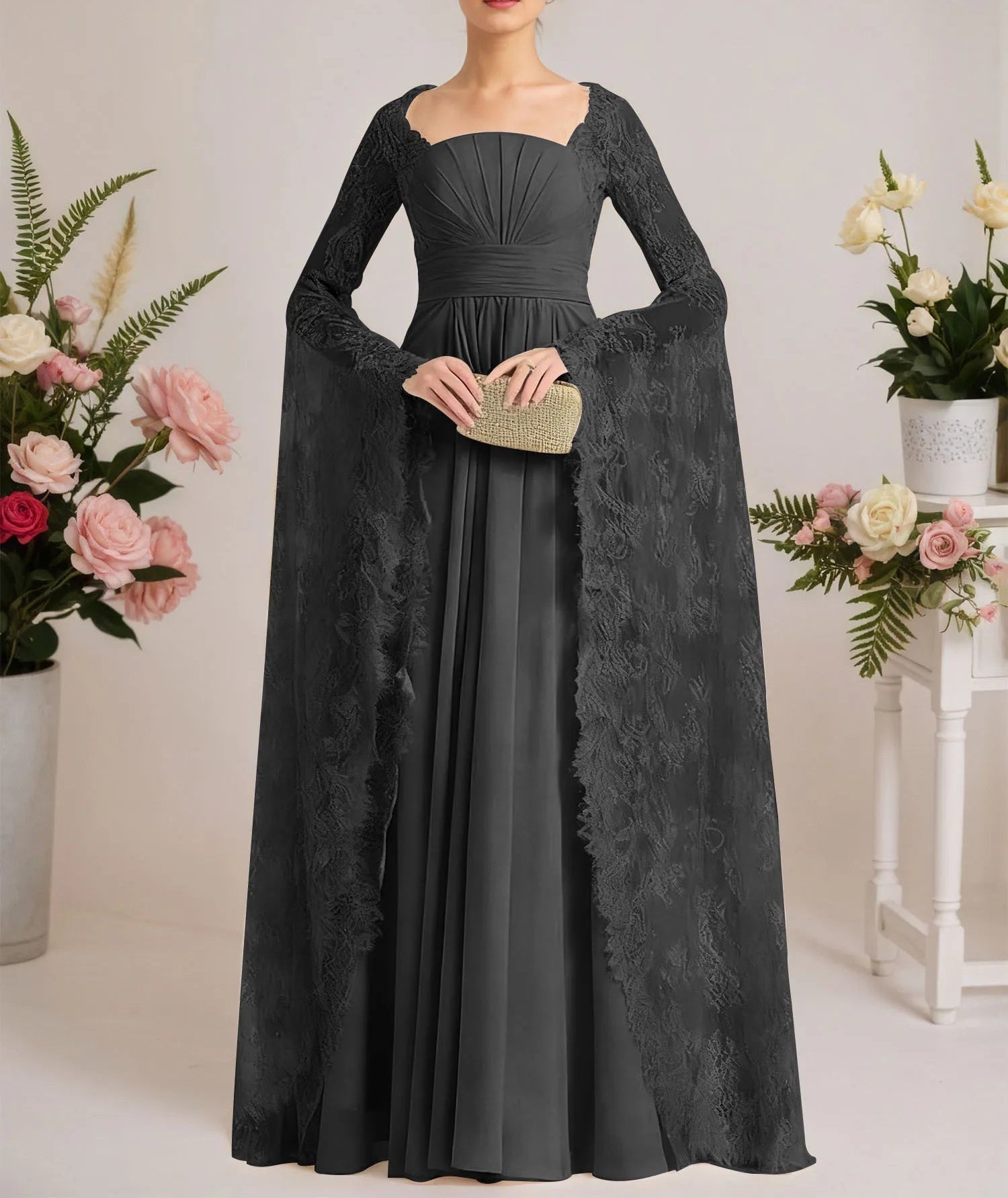 A-line Square Floor-Length Chiffon Lace Evening Dress With Beading Pleated