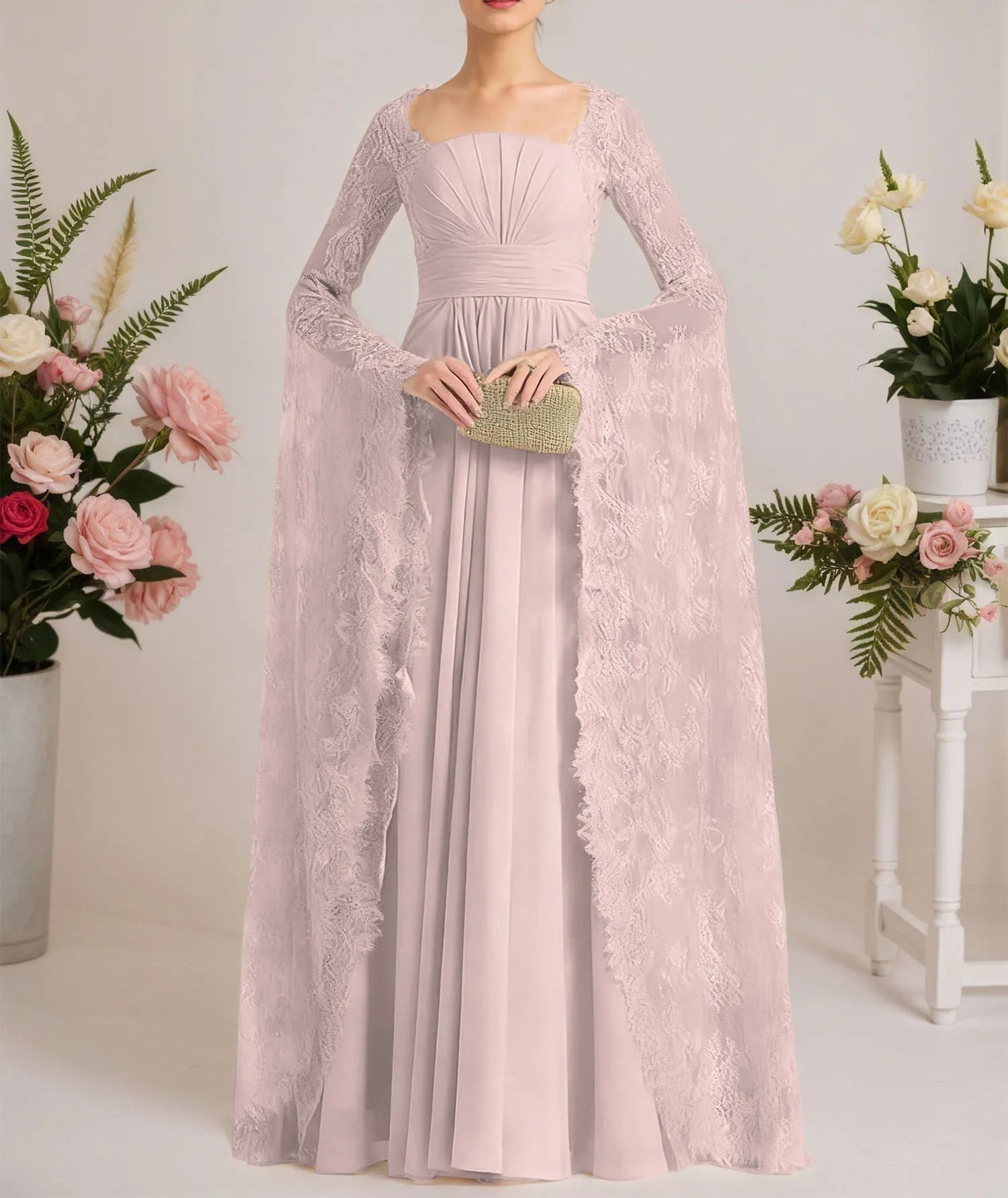 A-line Square Floor-Length Chiffon Lace Evening Dress With Beading Pleated