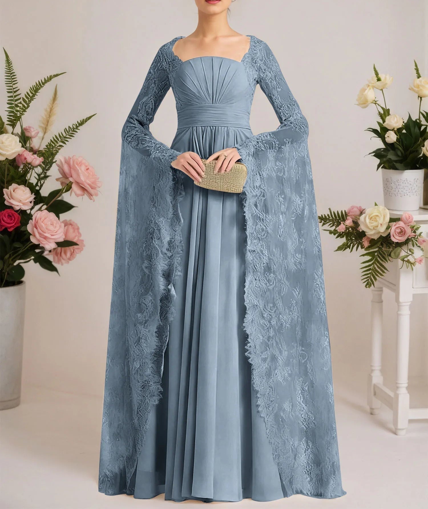 A-line Square Floor-Length Chiffon Lace Evening Dress With Beading Pleated