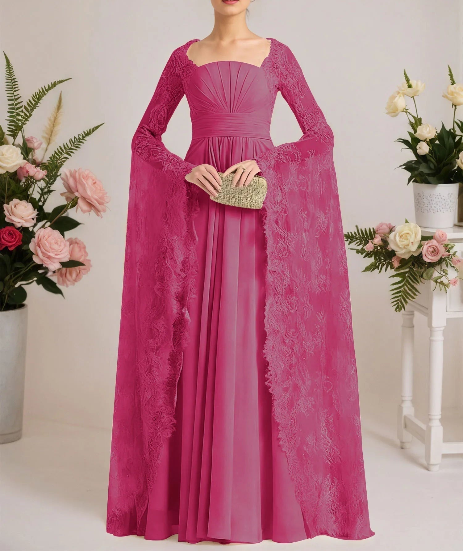 A-line Square Floor-Length Chiffon Lace Evening Dress With Beading Pleated