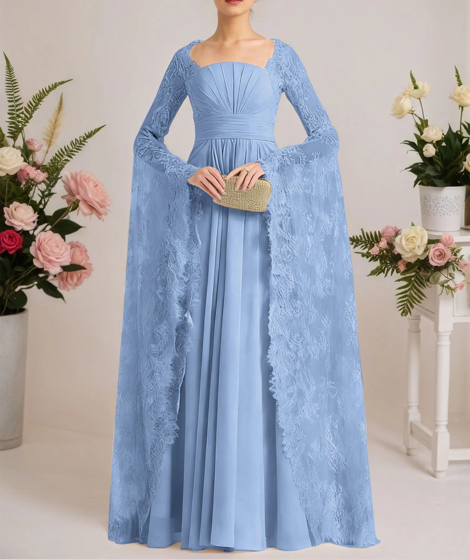 A-line Square Floor-Length Chiffon Lace Evening Dress With Beading Pleated