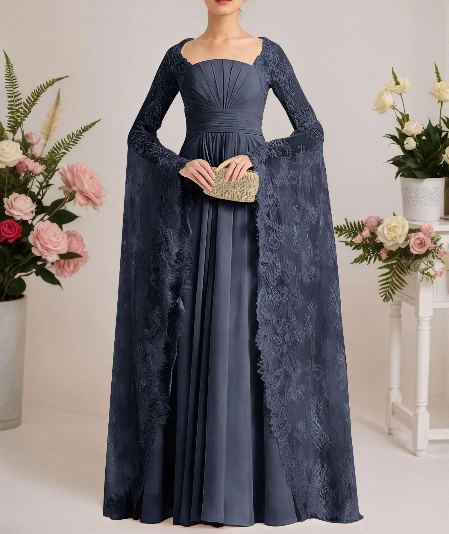 A-line Square Floor-Length Chiffon Lace Evening Dress With Beading Pleated