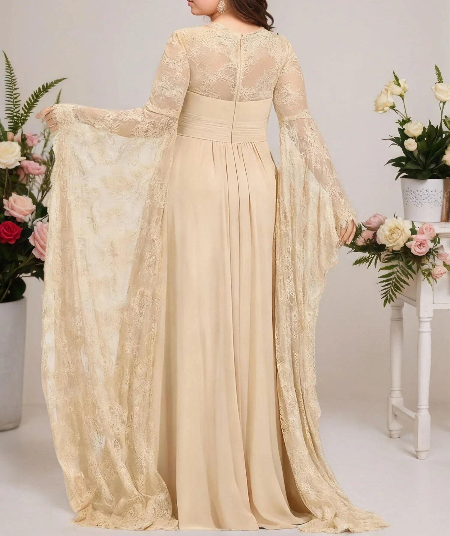 A-line Square Floor-Length Chiffon Lace Evening Dress With Beading Pleated