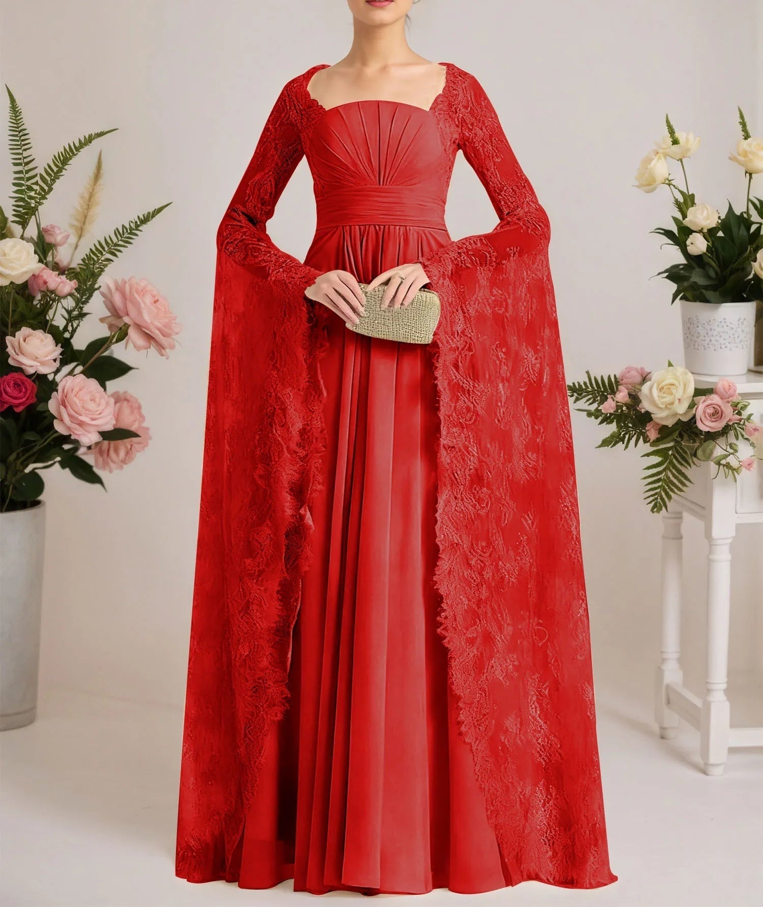 A-line Square Floor-Length Chiffon Lace Evening Dress With Beading Pleated