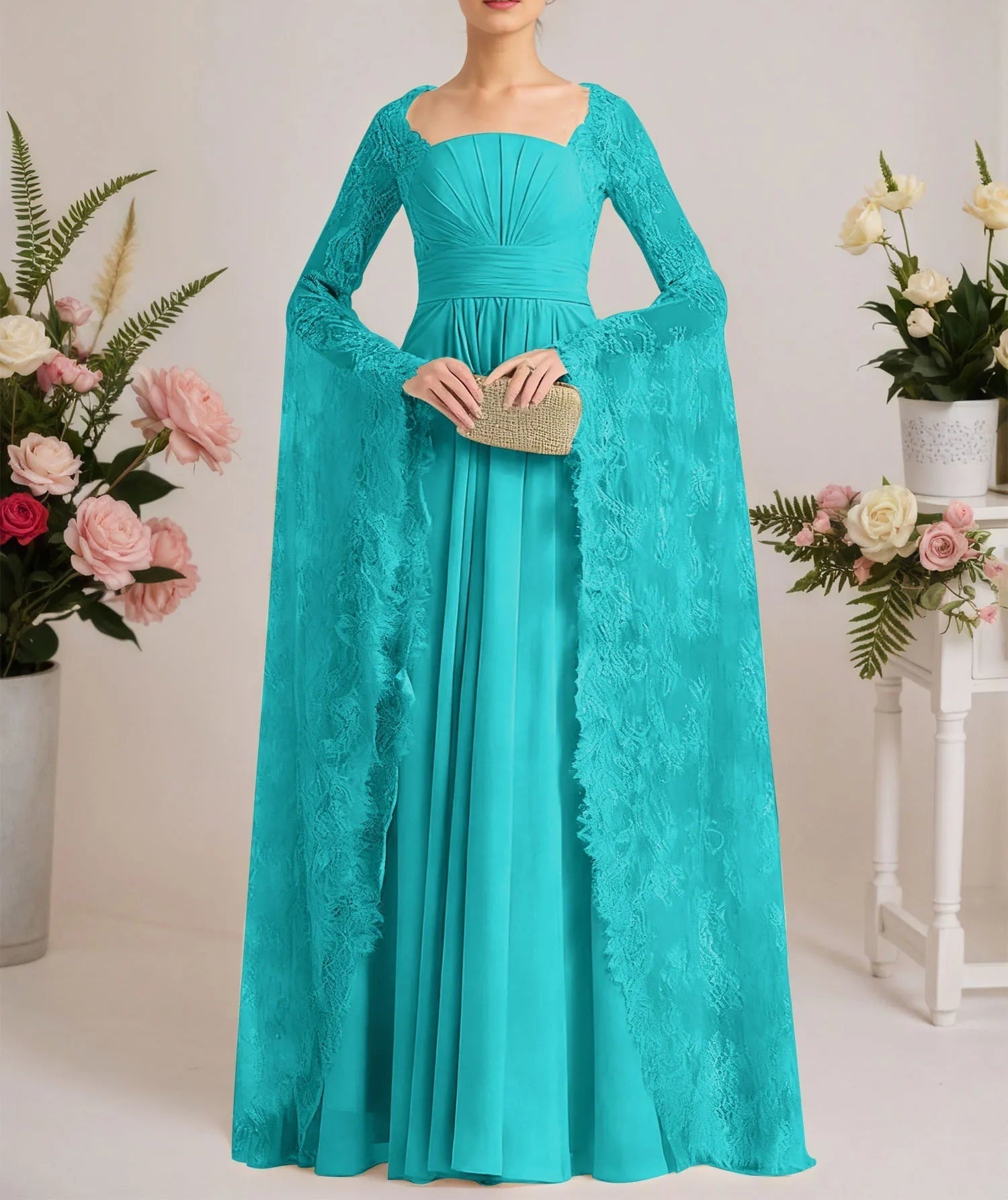 A-line Square Floor-Length Chiffon Lace Evening Dress With Beading Pleated