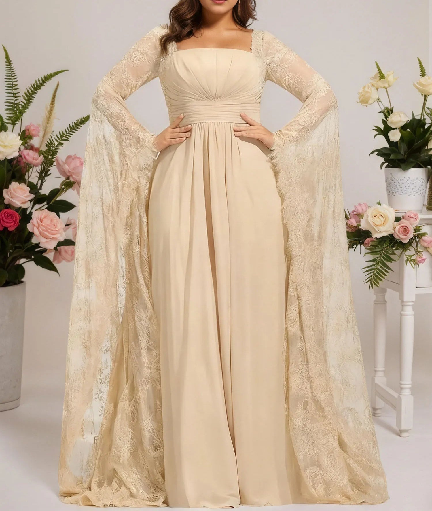 A-line Square Floor-Length Chiffon Lace Evening Dress With Beading Pleated