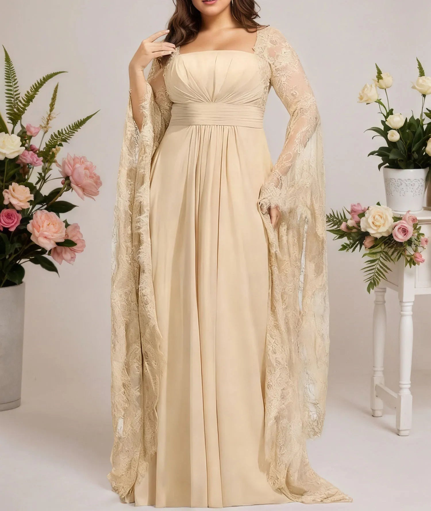 A-line Square Floor-Length Chiffon Lace Evening Dress With Beading Pleated