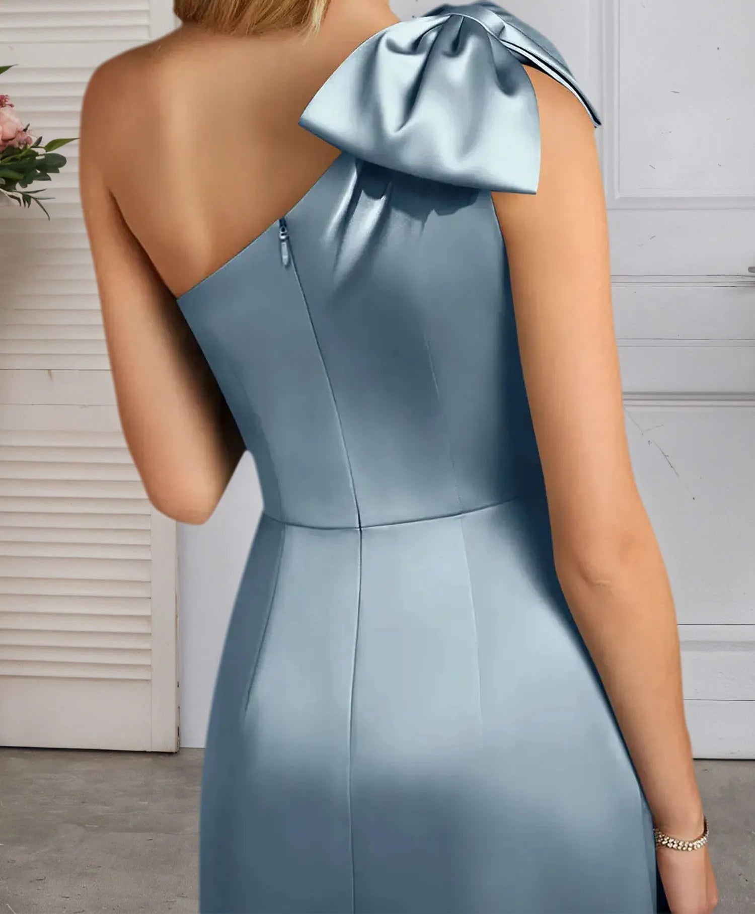 A-Line One Shoulder Stretch Satin Mother Of The Bride Dress With Bow