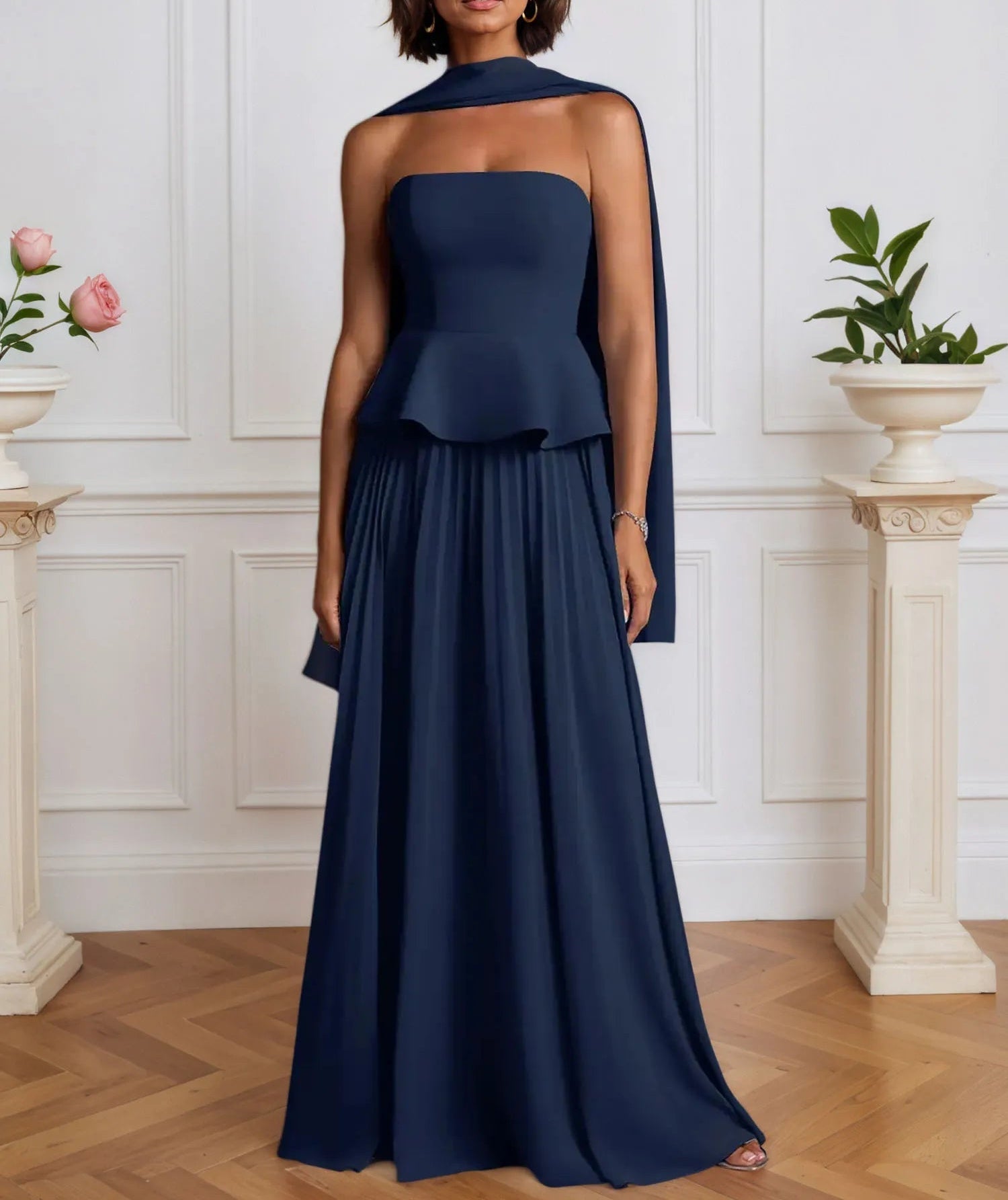 A-Line Off The Shoulder Sleeveless Pleated Chiffon Dress With Cascading Ruffles