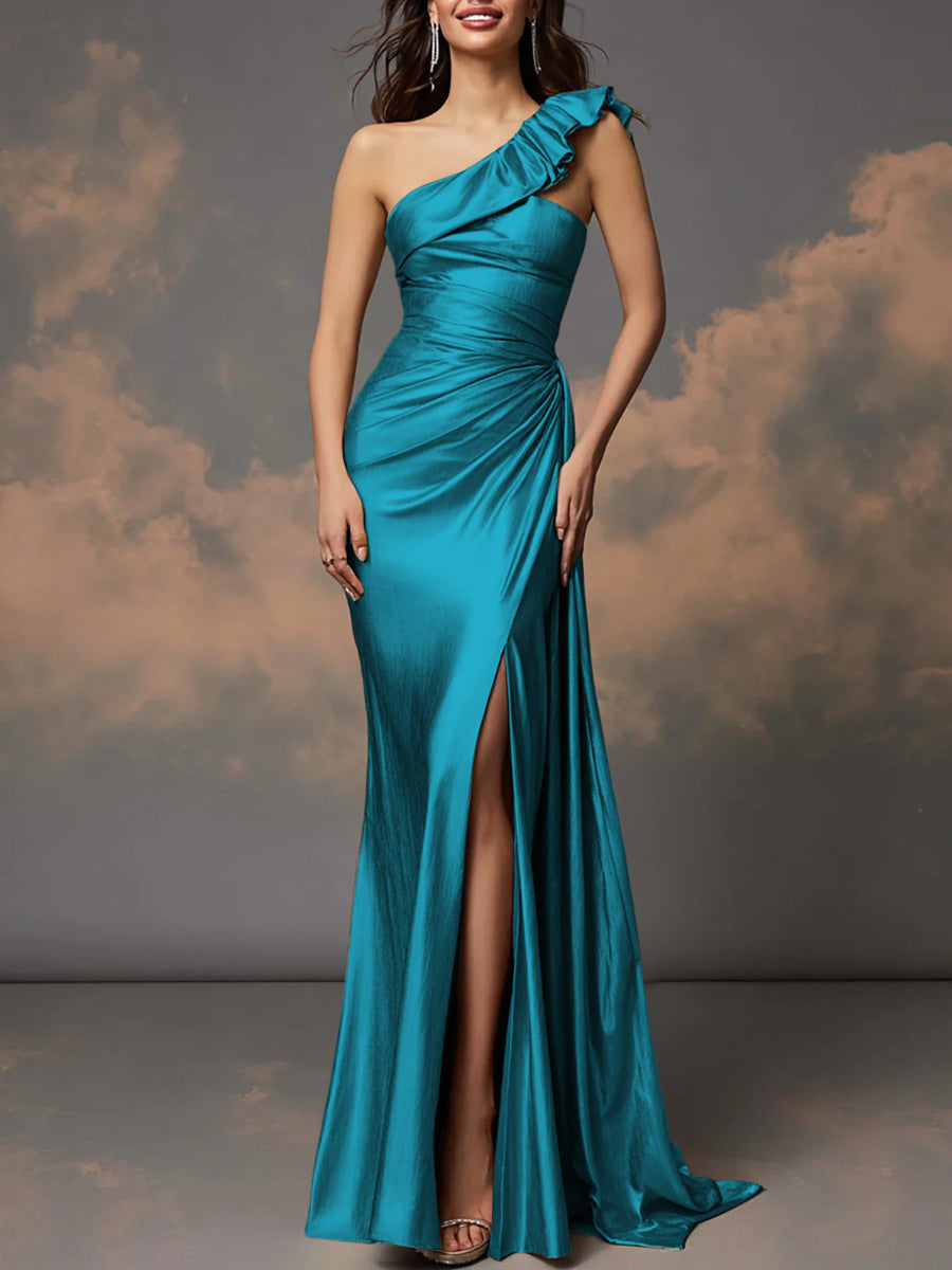 Ruffle One Shoulder Ruched Metallic Long Prom Dresses Sheath/Column Ball Gowns with Train