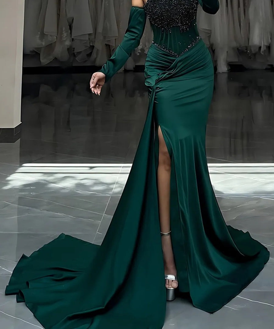 A-Line/Princess Sweetheart Glitter Long Prom Dresses Beading Ruched Satin Evening Dress