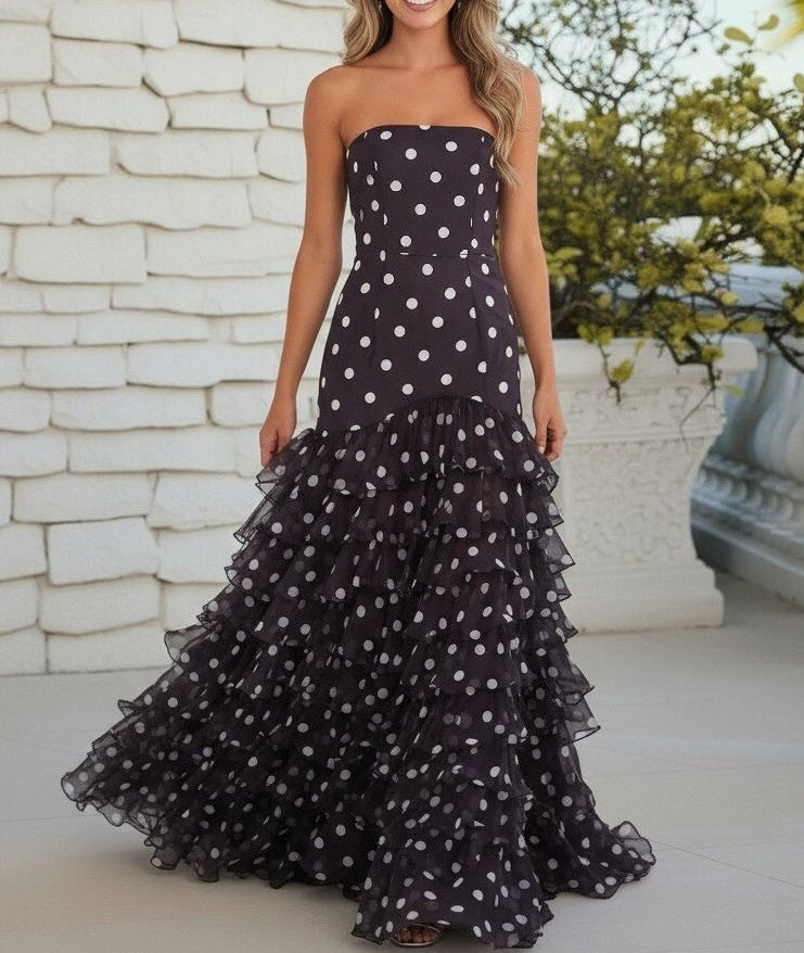 Mermaid/Trumpet Strapless Tiered Ruffles Floor Length Prom Dresses Polka Dot Dress