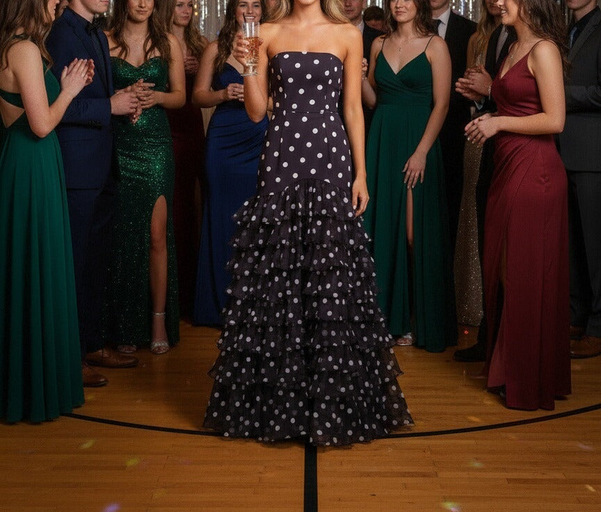 Mermaid/Trumpet Strapless Tiered Ruffles Floor Length Prom Dresses Polka Dot Dress
