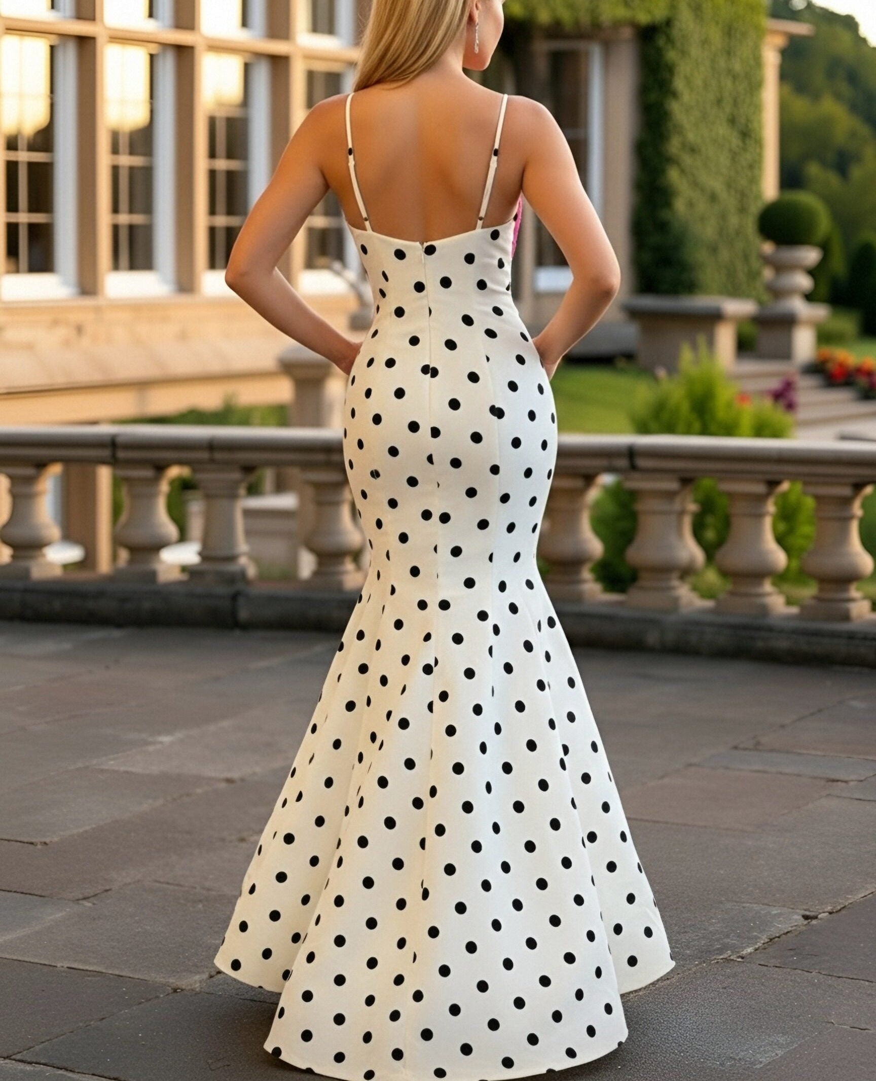 Mermaid V Neck Polka Dot Sleeveless Floor Length Prom Gown with Bow