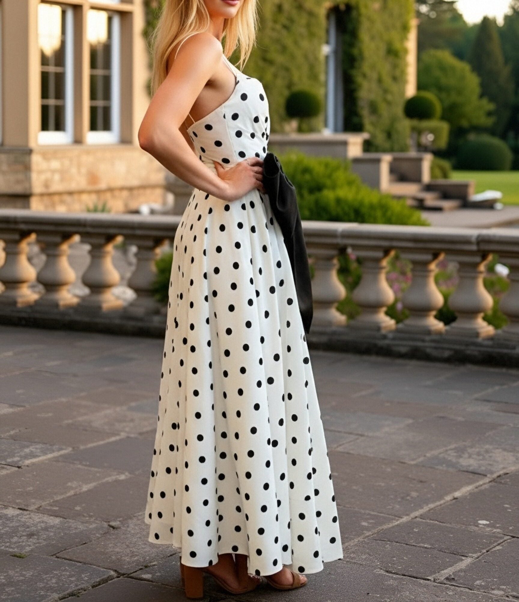 Mermaid Plunging Neck Polka Dot Floor Length Prom Dresses with Bow
