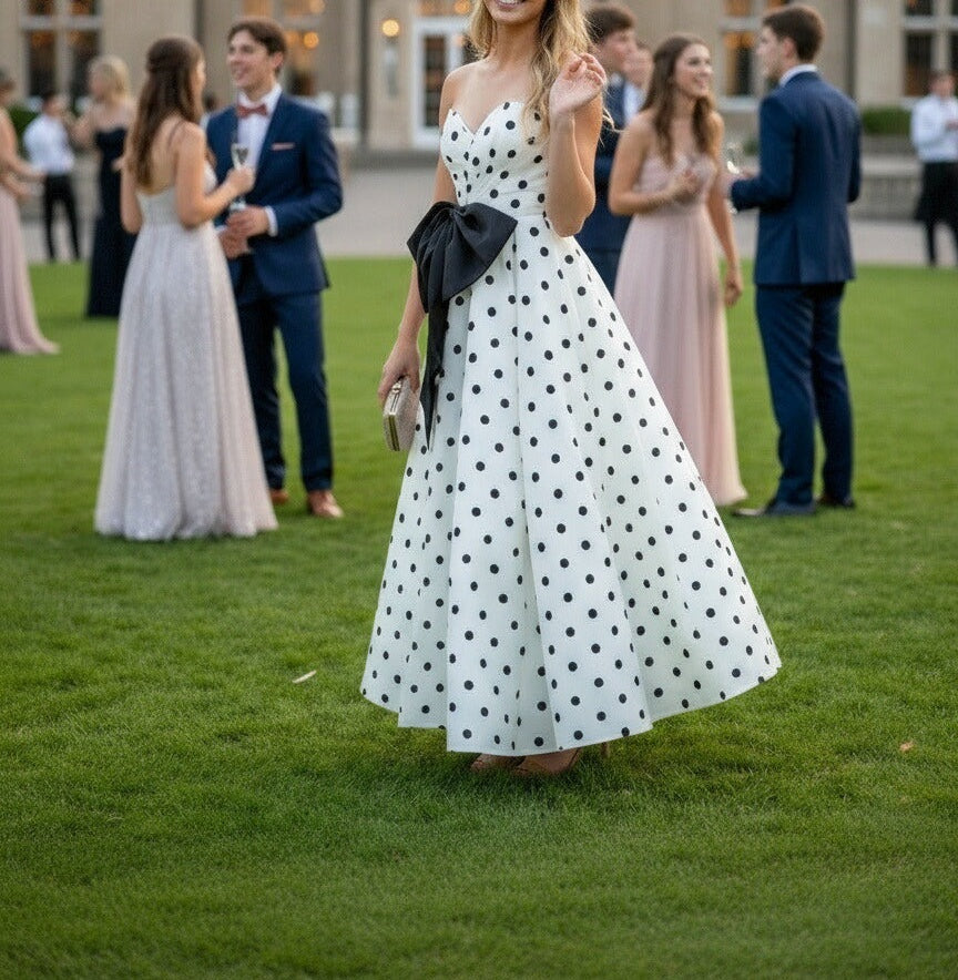 Mermaid Plunging Neck Polka Dot Floor Length Prom Dresses with Bow
