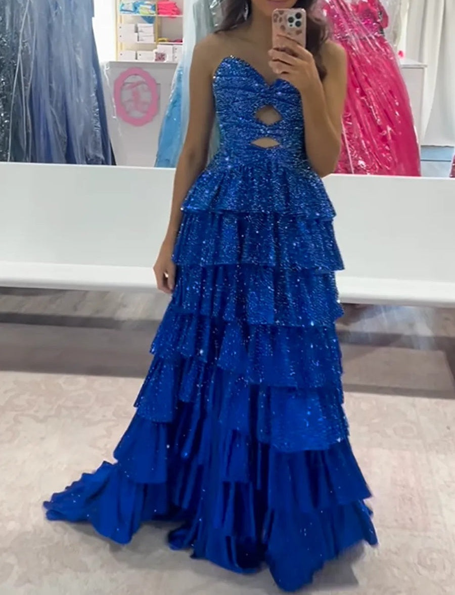 A-Line/Princess Sparkly Tiered Cut Out Floor-Length Formal Prom Dresses