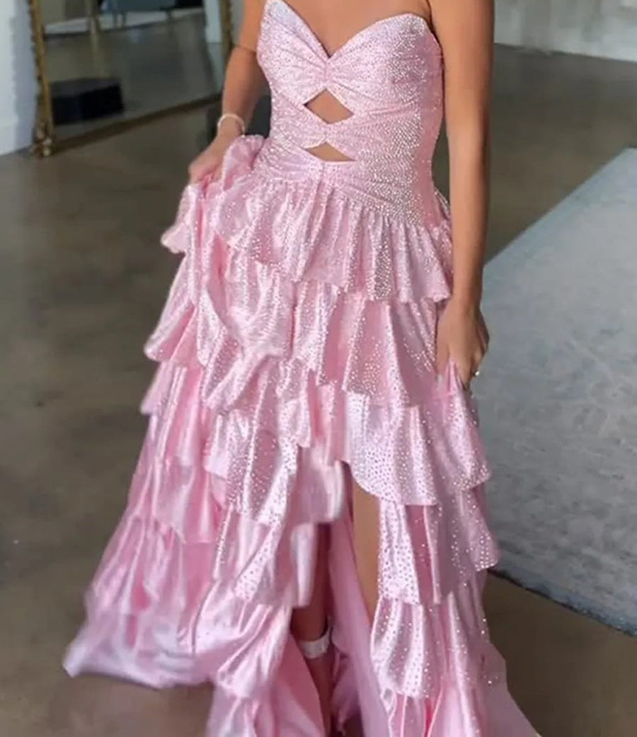 A-Line/Princess Sparkly Tiered Cut Out Floor-Length Formal Prom Dresses