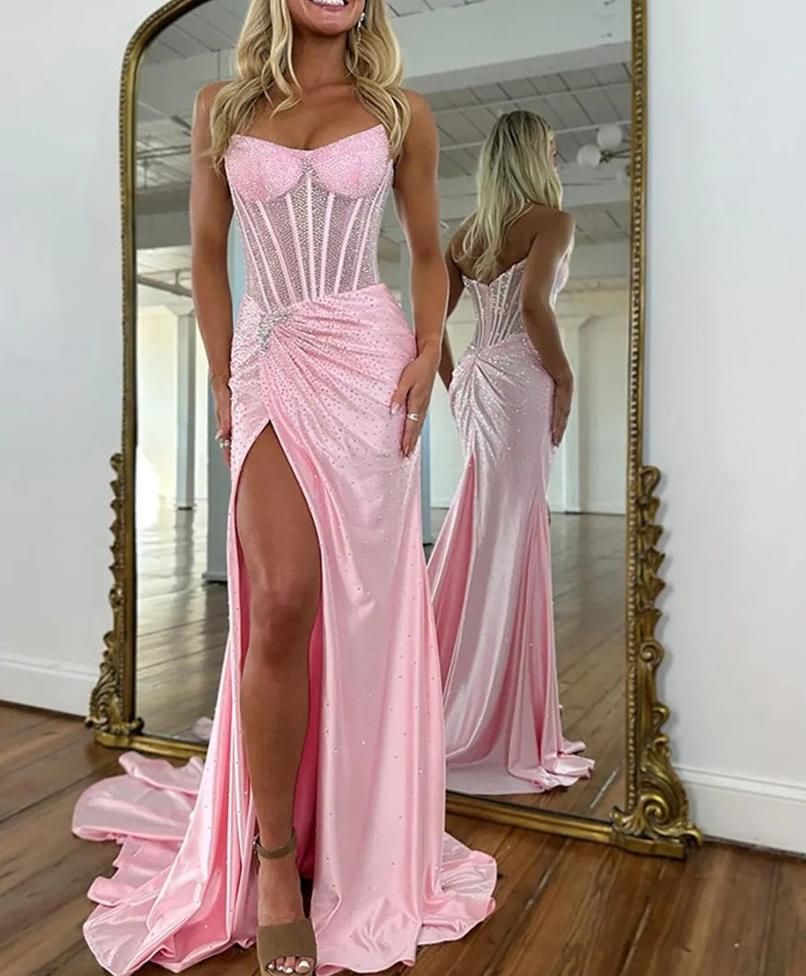 Mermaid/Trumpet Sweetheart Glitter Beading Long Prom Dresses with Corset