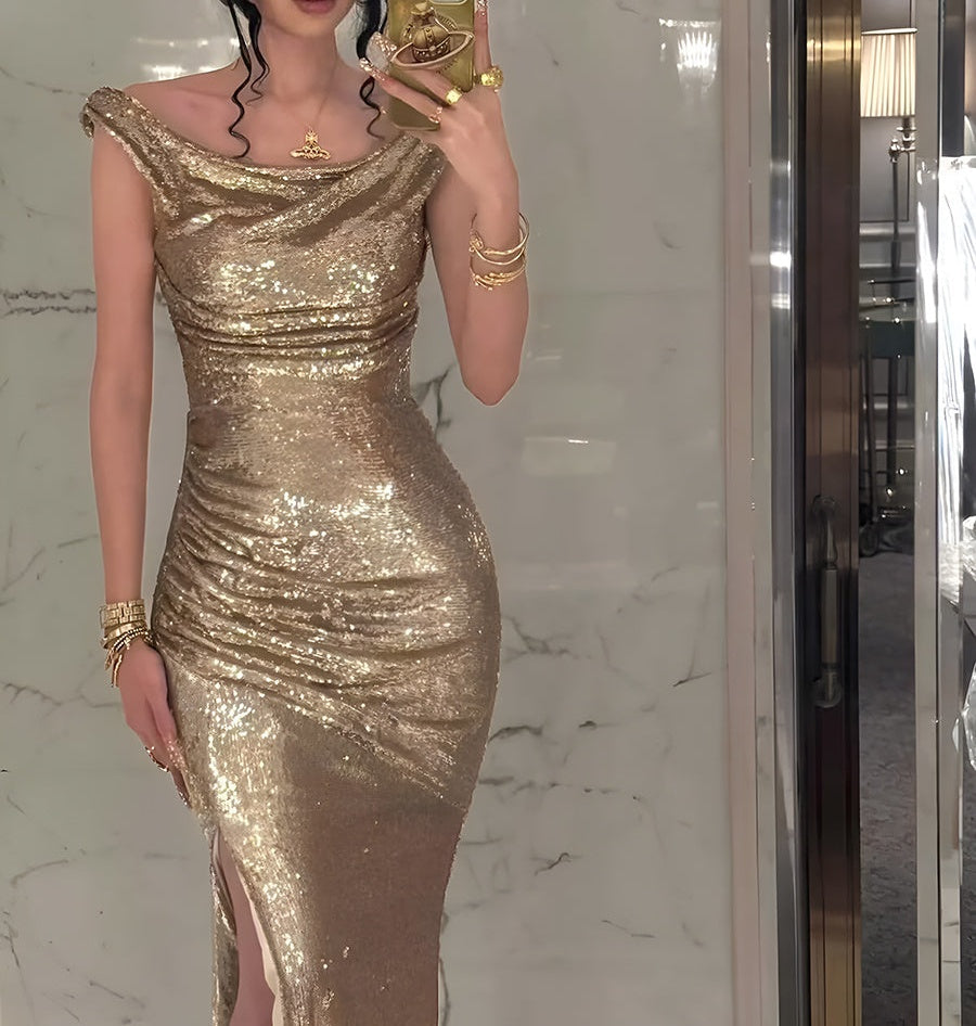 Sequin Off Shoulder Prom Dresses Bodycon Sparkly High Slit