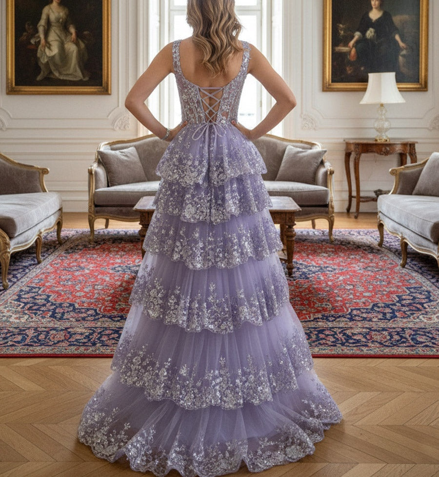A-Line/Princess Tiered Off Shoulder Floor-Length Corset Prom Dresses with Sequin