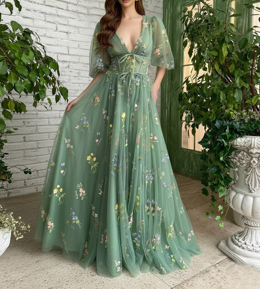 A Line/Princess Deep V-Neck Fair Prom Dresses with Flowers Fancy Dress