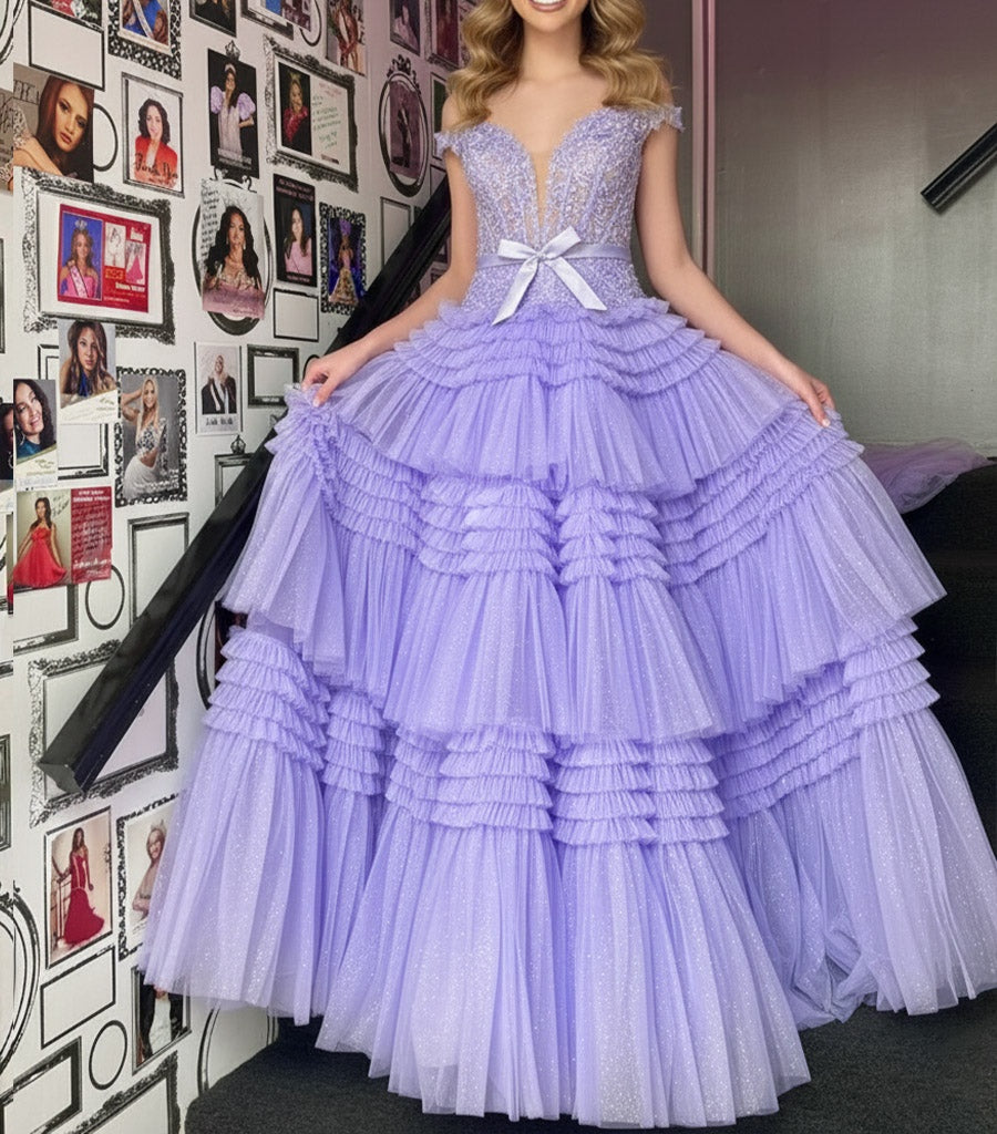 A Line/Princess Off Shoulder Floor-Length Prom Dresses with Tiered Ruffles