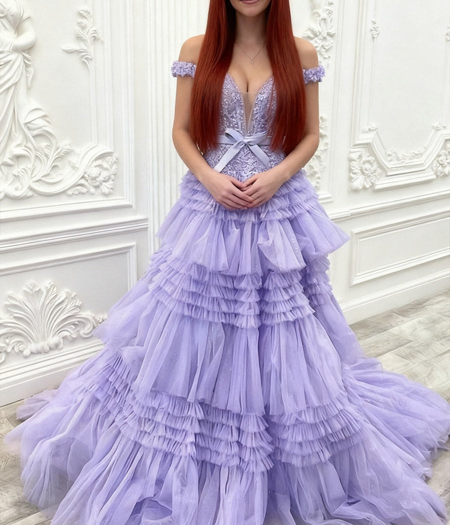 A Line/Princess Off Shoulder Floor-Length Prom Dresses with Tiered Ruffles