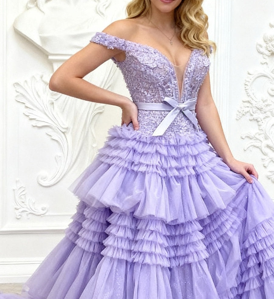 A Line/Princess Off Shoulder Floor-Length Prom Dresses with Tiered Ruffles