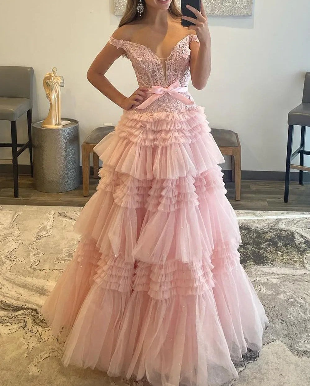 A Line/Princess Off Shoulder Floor-Length Prom Dresses with Tiered Ruffles