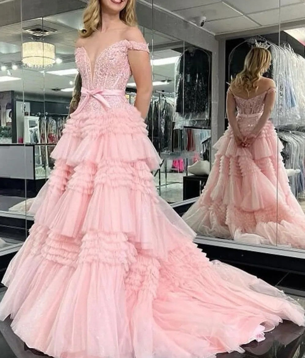 A Line/Princess Off Shoulder Floor-Length Prom Dresses with Tiered Ruffles