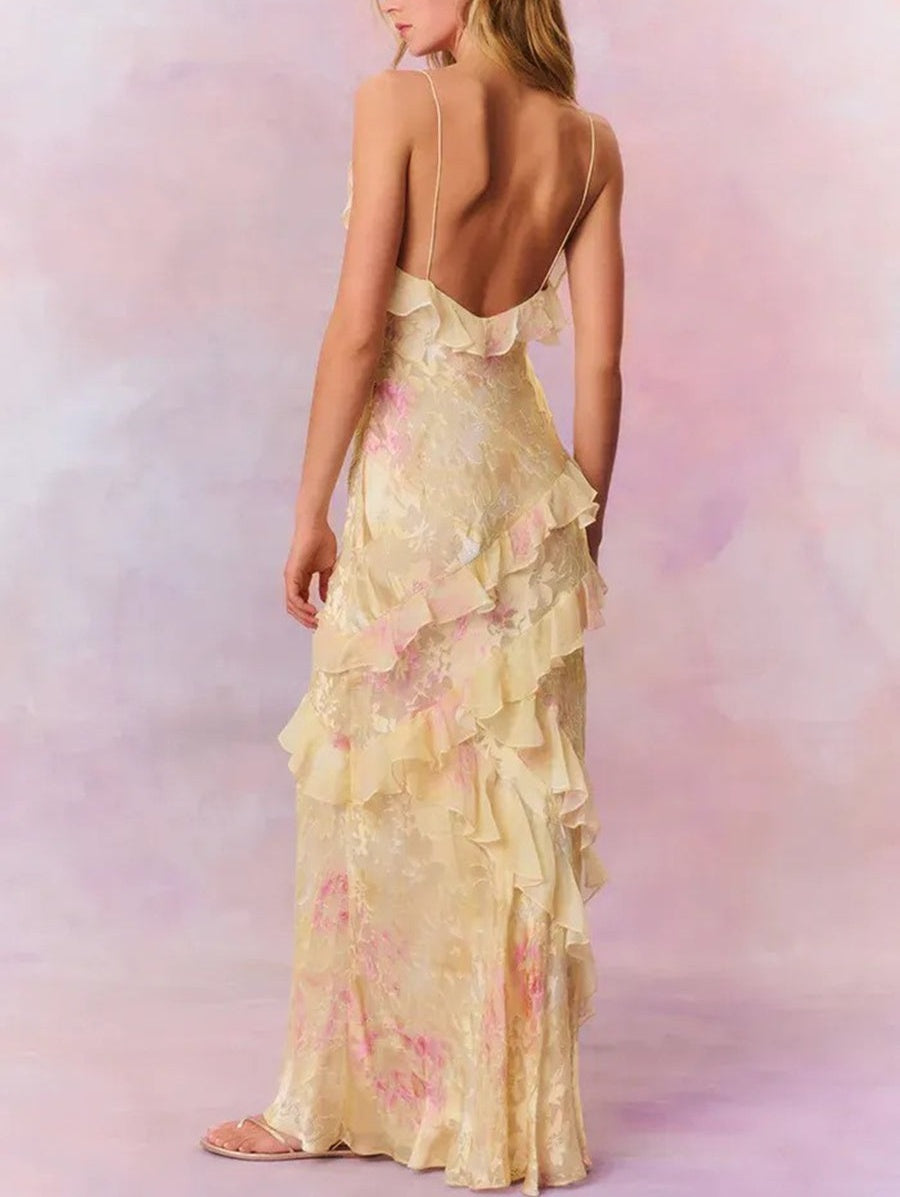Mermaid/Trumpet Ruffle V-Neck Floor-Length Prom Dresses with Floral Satin