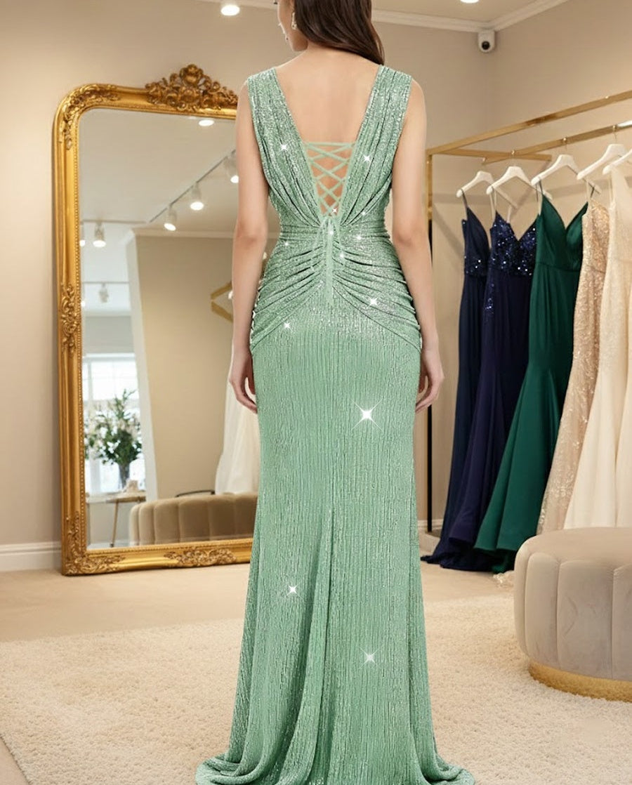 A-Line/Princess V-Neck Ruched Sequin Floor-Length Formal Evening Dresses