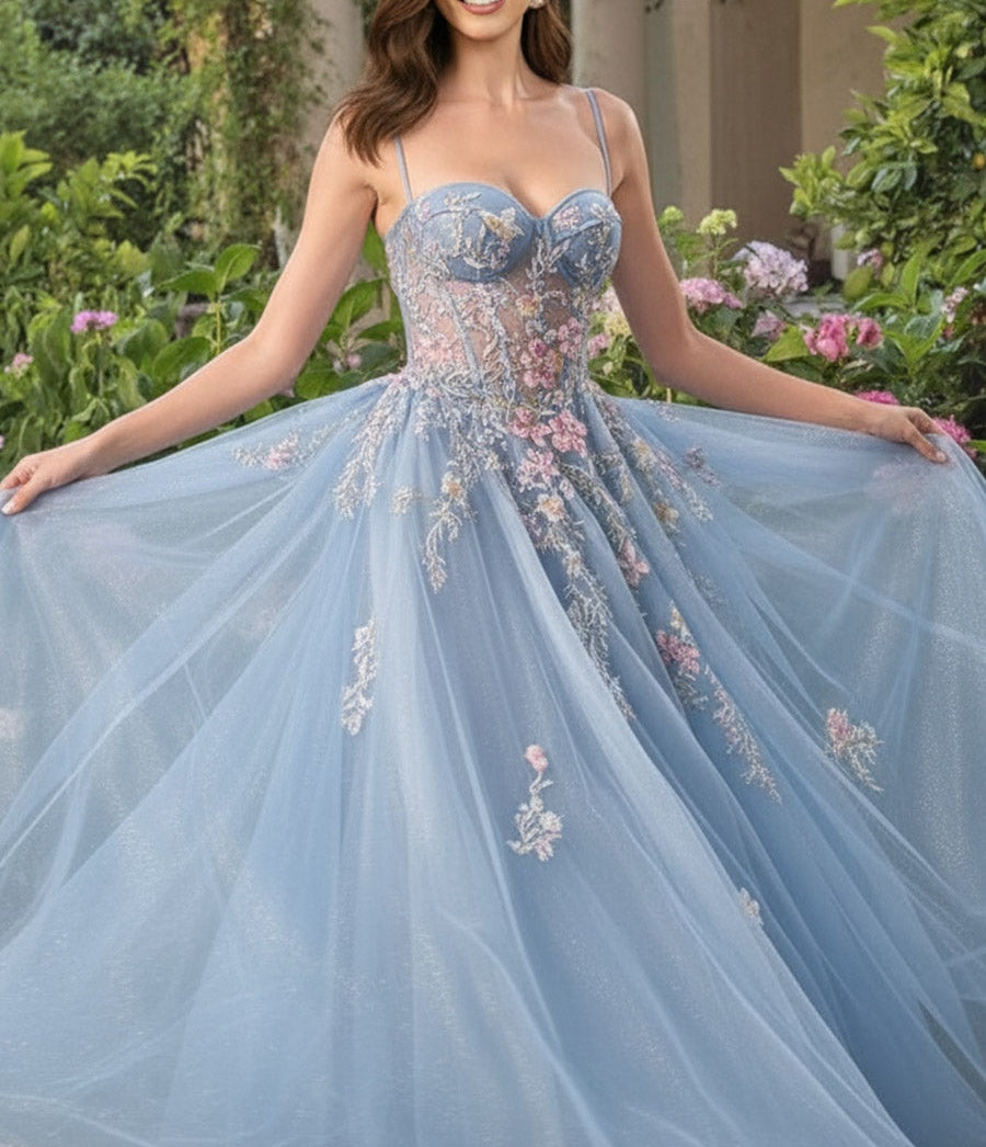 A Line/Princess Spaghetti Strap Tulle Floor-Length Prom Dresses with Flower