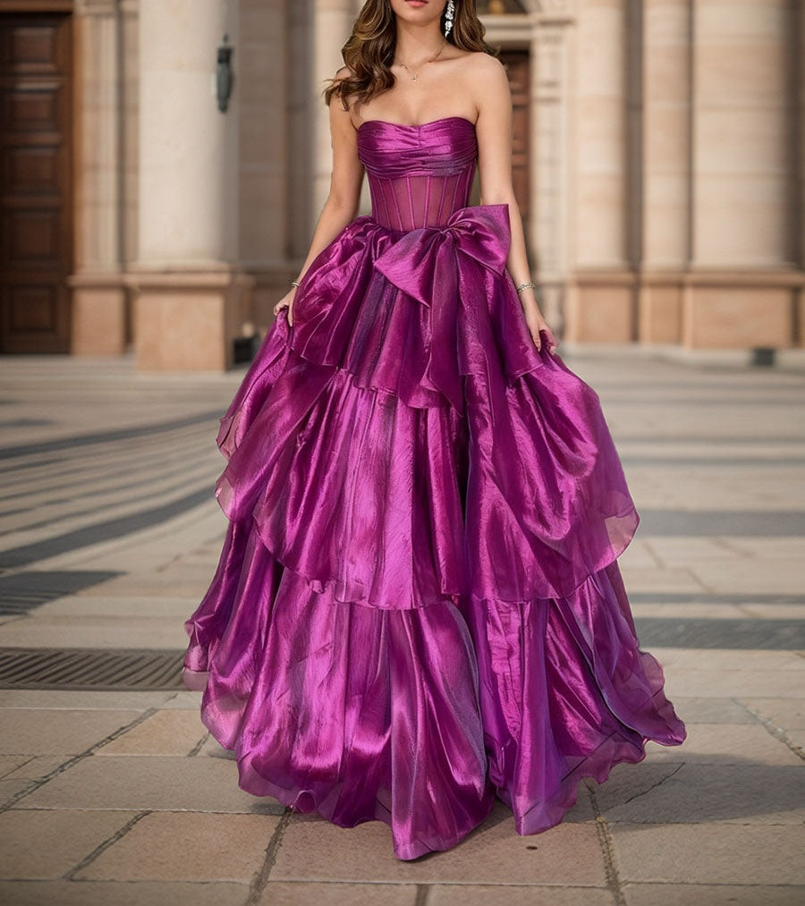 A-Line/Princess Sleeveless Tiered Floor-Length Formal Prom Dresses with Bow
