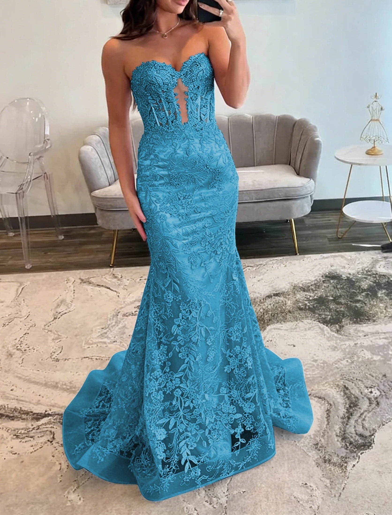 Lace Applique One Shoulder Long Prom Dresses Tiered Evening Gowns