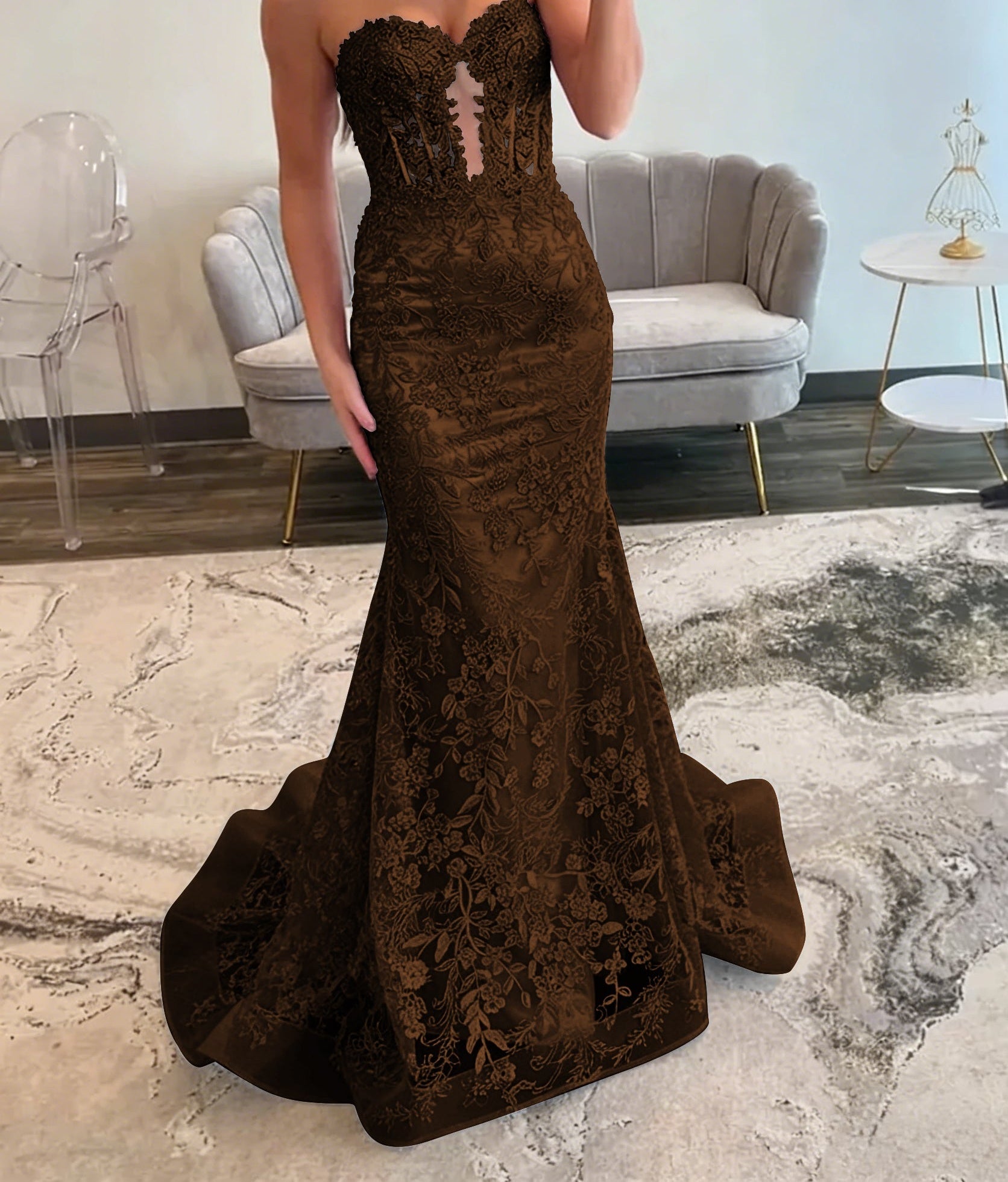 Lace Applique One Shoulder Long Prom Dresses Tiered Evening Gowns