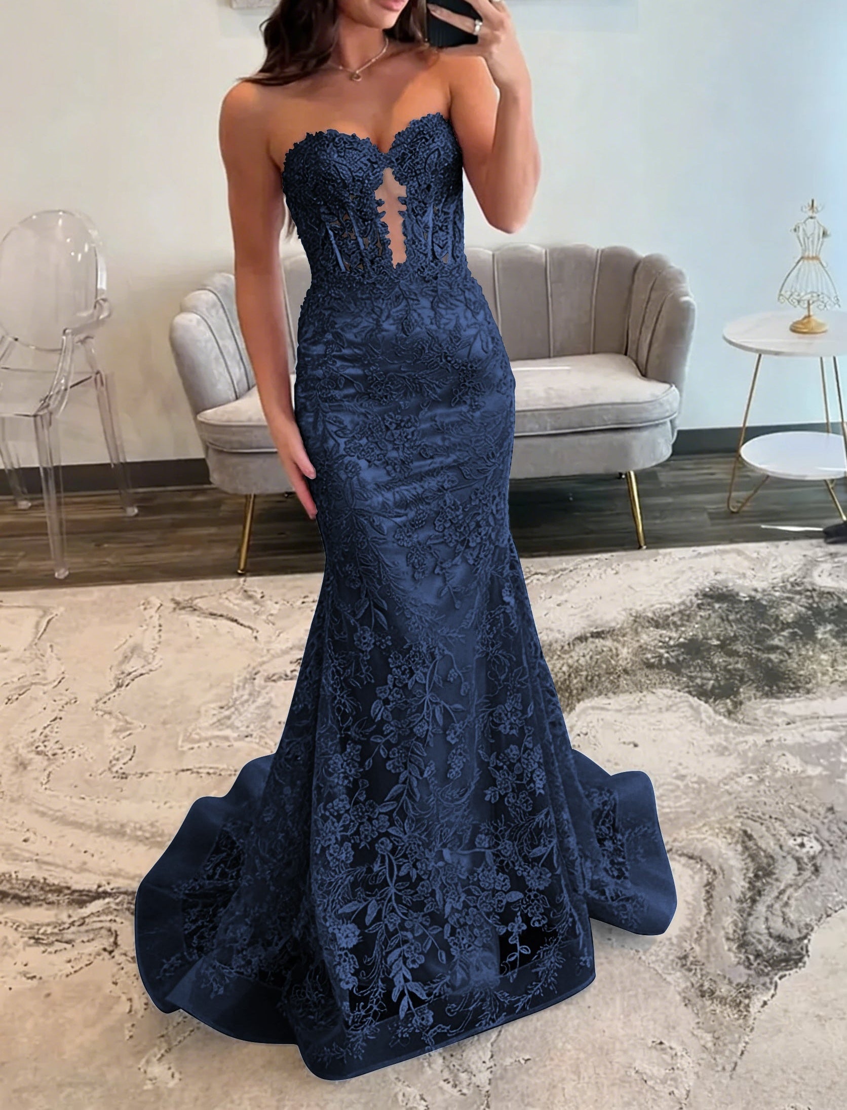 Lace Applique One Shoulder Long Prom Dresses Tiered Evening Gowns