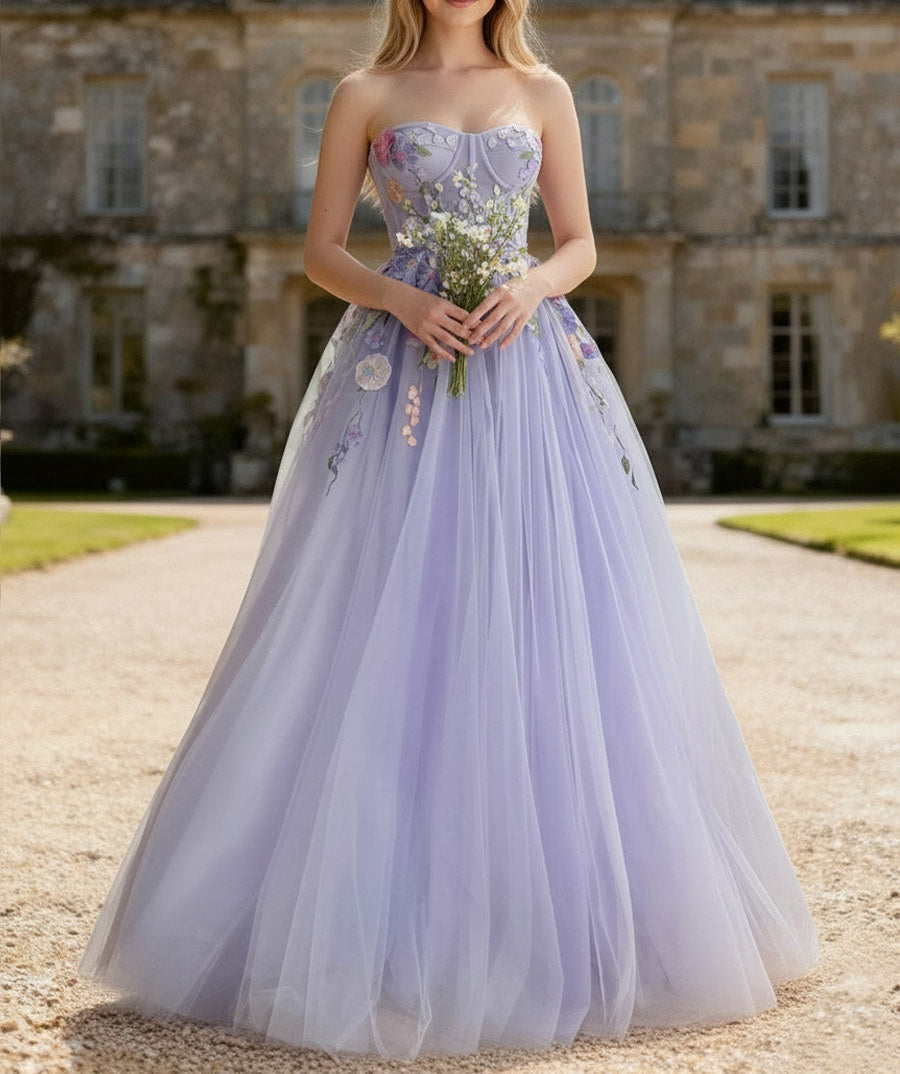 A-Line/Princess Strapless Floor-Length Prom Dresses with Flower Appliques