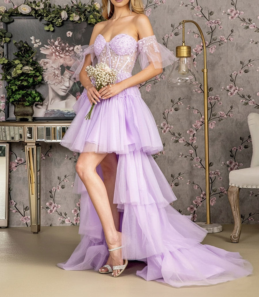 A-Line/Princess Tiered Floor-Length Fancy Prom Dresses with Short Sleeve