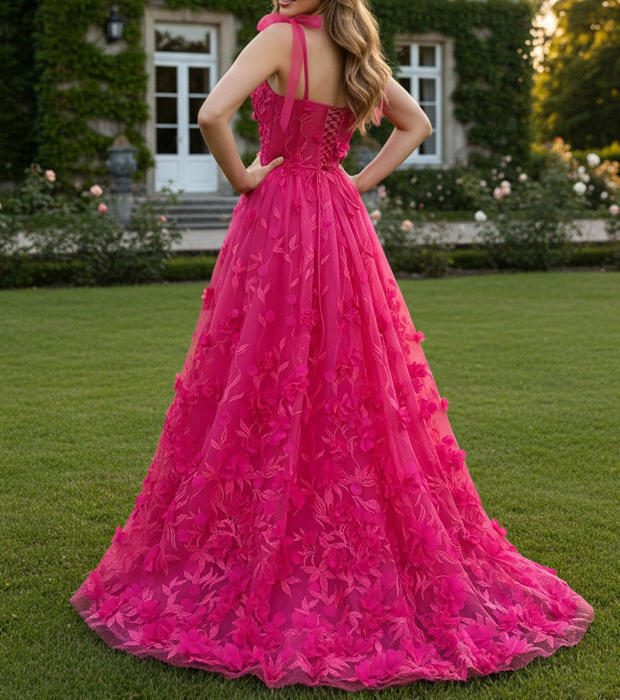 Fair A-Line/Princess 3D Appliques Floor-Length Prom Dresses with Bow Strap