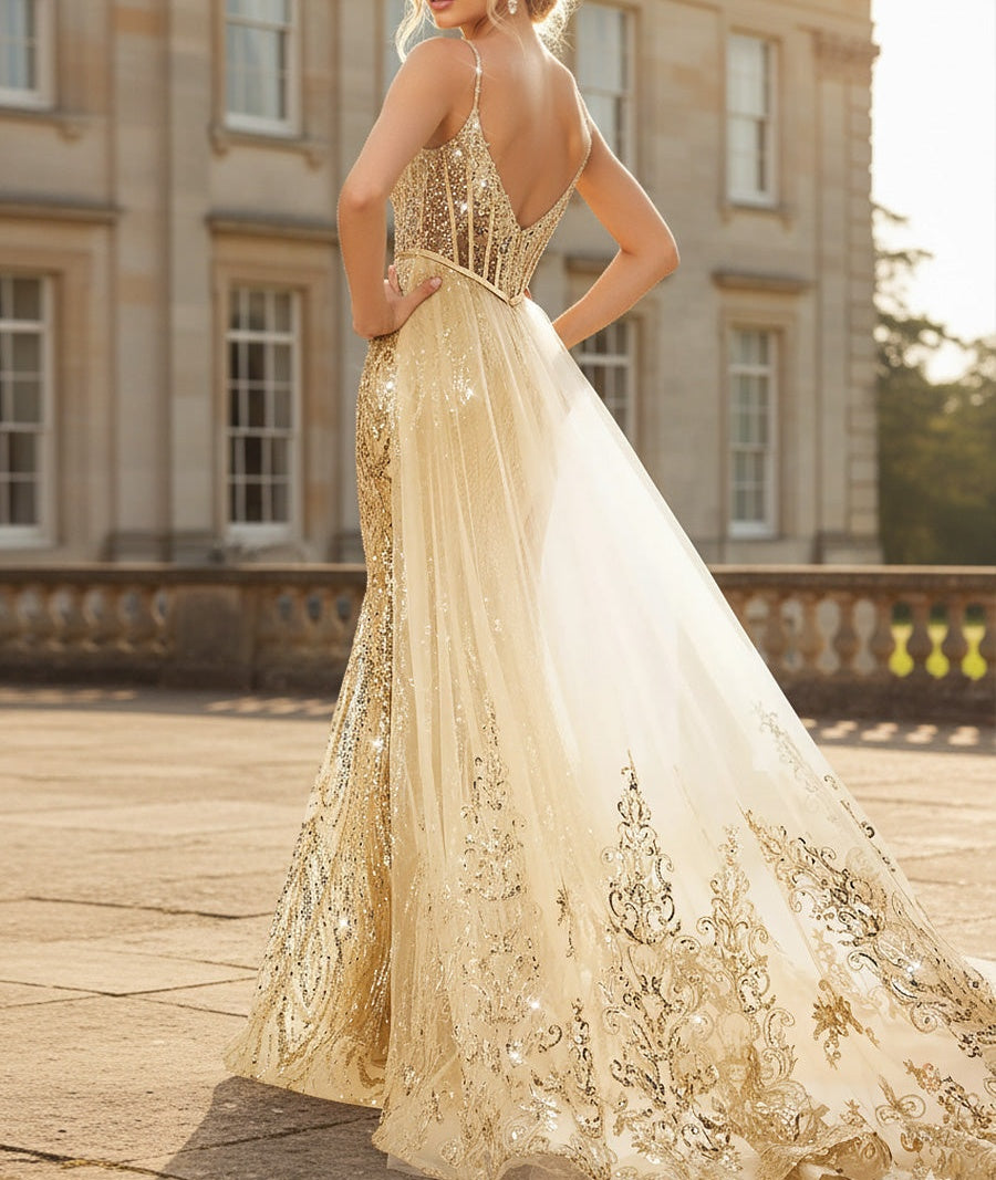 Mermaid Sparkly Spaghetti Strap Floor-Length Prom Dresses with Train
