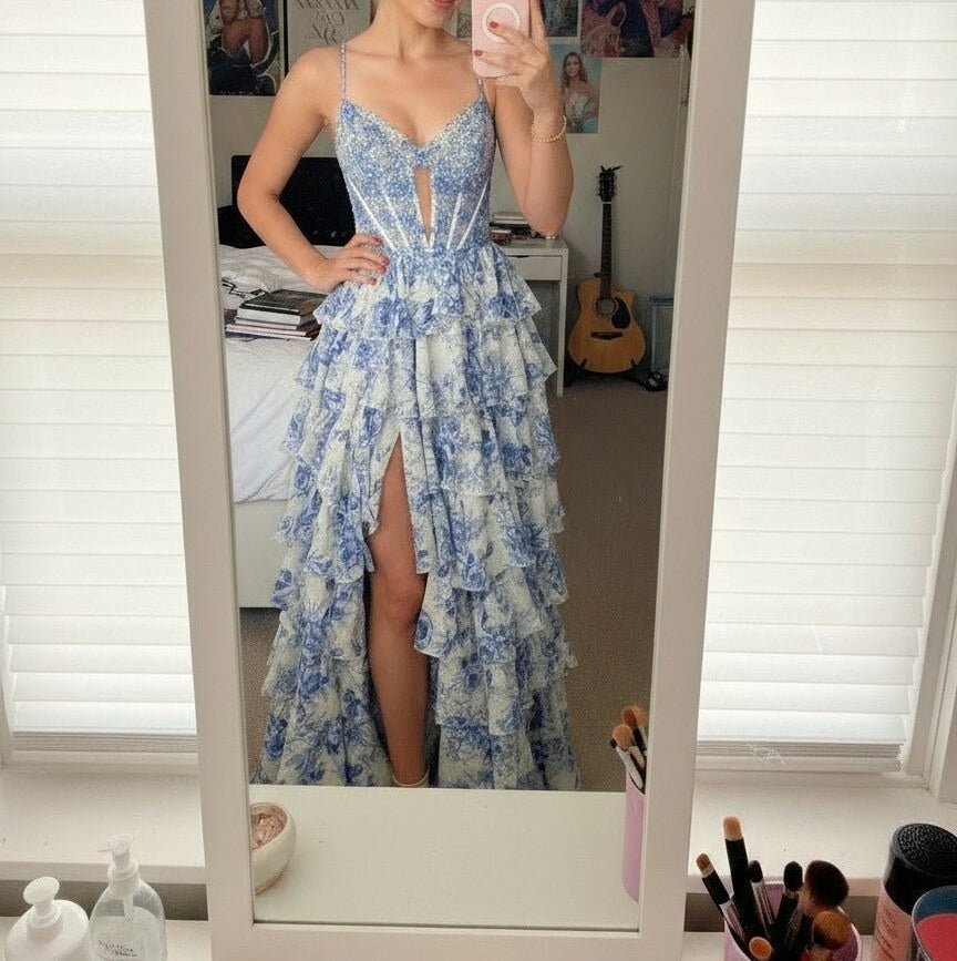 A-Line/Princess Sweetheart Neck Floor Length Prom Dresses with Tiered Hem