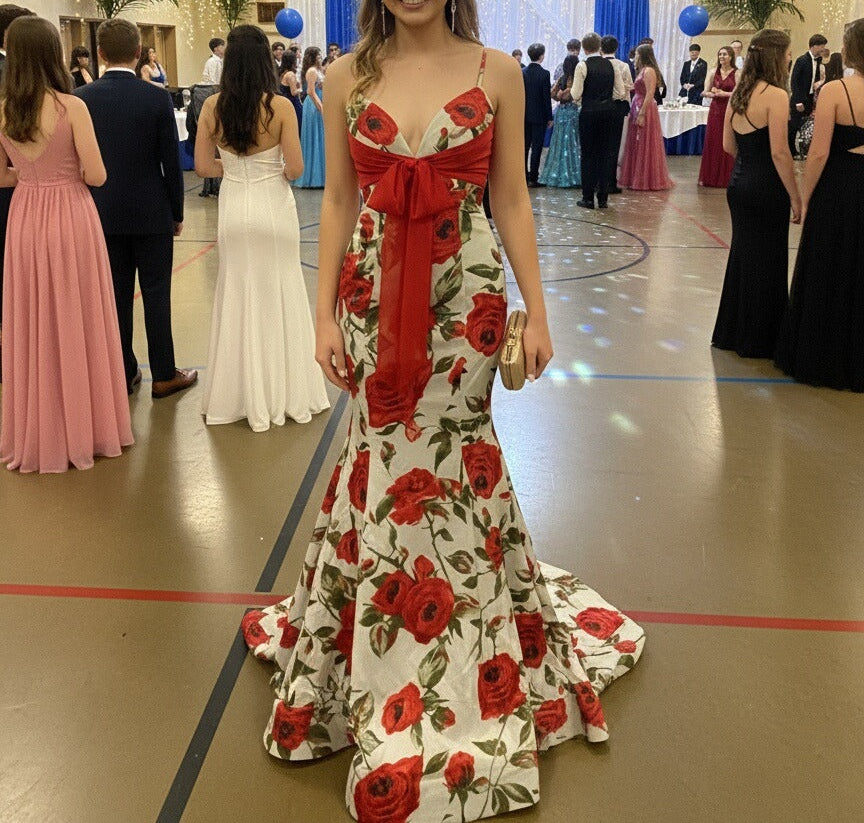 Mermaid Plunging Neck Floral Print Floor Length Prom Dresses with Bow