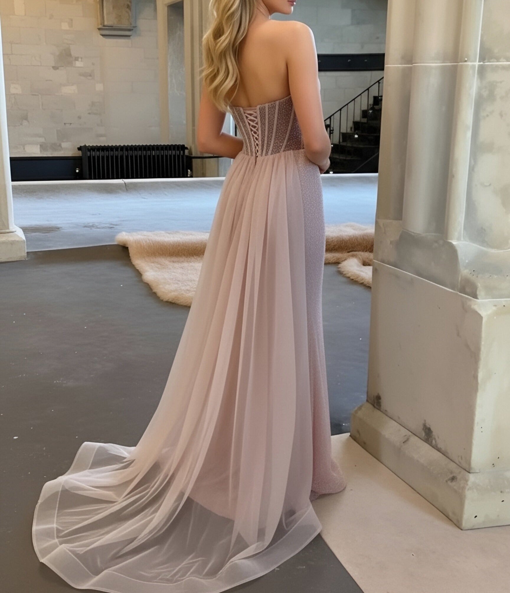 Mermaid Sweetheart Neck Glitter Maxi Formal Prom Dresses with Trail