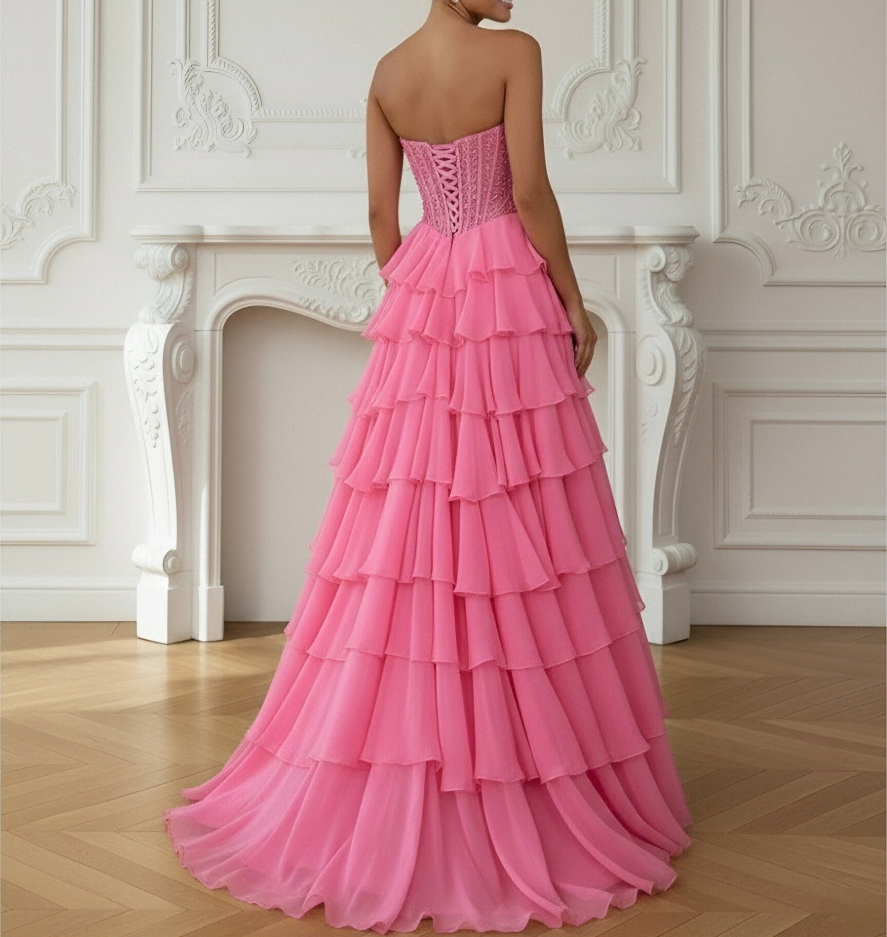 A-Line/Princess Tiered Strapless Floor Length Prom Dresses with Lace Applique
