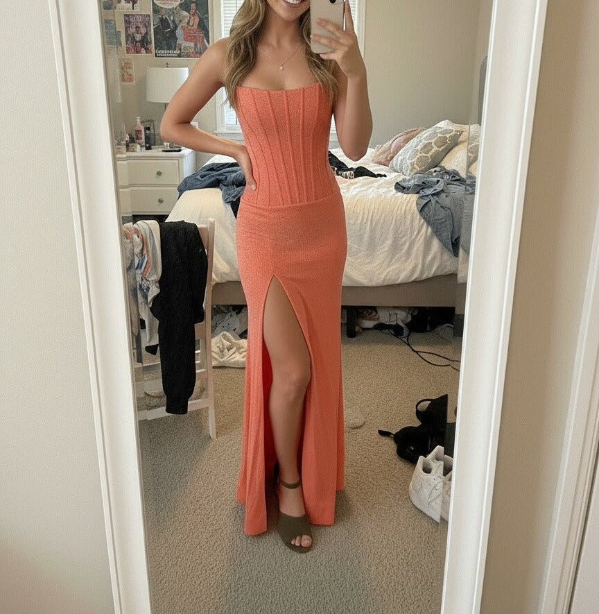 Mermaid Glitter Drop Waist Floor Length Prom Dresses with Slit